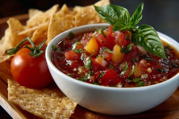 Fresh salsa served with crispy tortilla chips and a cherry tomato on a wooden platter at a casual dining spot