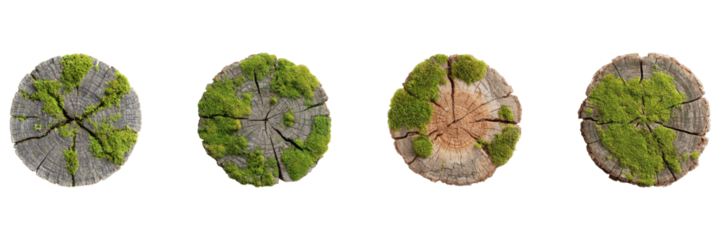 Tree Stump Cross-Sections With Moss Set. Natural Texture And Growth Patterns Collection Isolated On Transparent Background