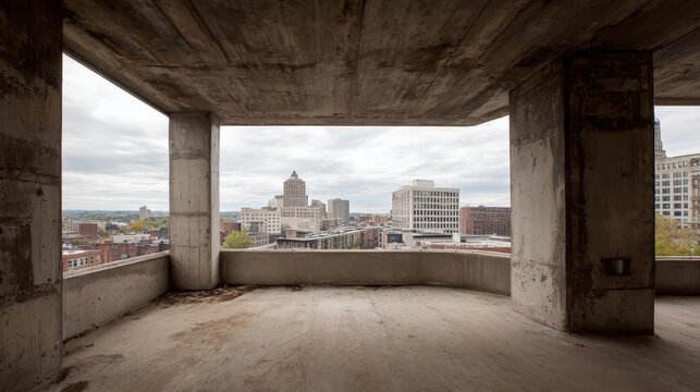 Raw concrete interior of an unfinished building overlooking a cloudy urban cityscape from a high vantage point