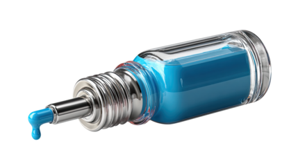 Ink Droplet: A single, vibrant droplet of rich blue ink steadily falls from the nozzle of an exquisitely designed, transparent ink bottle, symbolizing creativity and imagination.