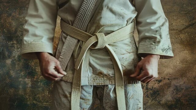 A person wearing a karate uniform holds a belt, likely after a successful training session or competition