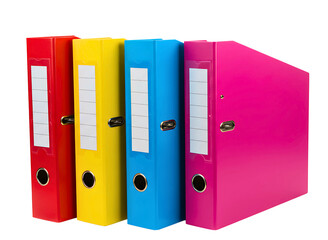 Row of colorful ring binders standing upright isolated on transparent background