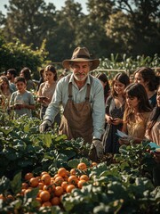 Obraz premium Farmer showing a group of people a field of orange vegetables on a sunny day outdoors in a garden