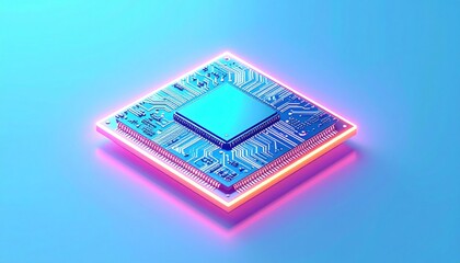 Futuristic CPU Chip With Glowing Neon Edges On A Pastel Blue Background High Tech Digital Circuit Board