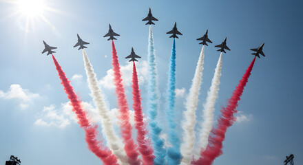 Fighter jets in formation trailing red, white, and blue smoke against a sunny sky during a patriotic air display