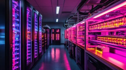 Modern Futuristic Server Room with Rows of Racks and Neon Lighting