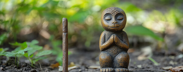 Obraz premium A serene bronze statue of a meditative figure surrounded by lush greenery, representing peace and mindfulness in nature.