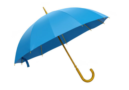 Open blue umbrella with a curved wooden handle isolated on a transparent background