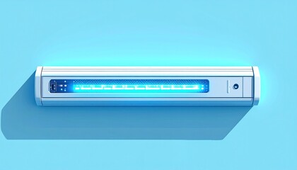 Futuristic Server Blade Design Featuring Bright Blue Illuminated Element Against Pastel Blue Backdrop