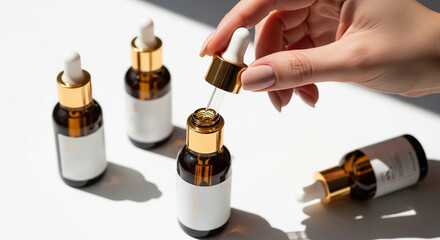 Serum Dropper Bottle and Hand Closeup.
Closeup of a hand using a dropper to extract serum from an amber glass skincare bottle.
