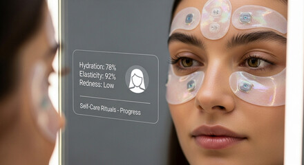 Smart Skincare Patches with Digital Interface.
Woman uses smart skincare patches on face while digital interface shows hydration and elasticity stats.
