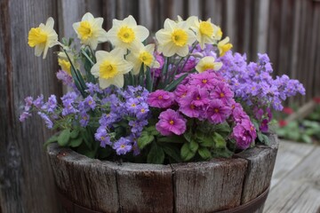 Fototapeta premium Colorful spring flowers in a wooden planter against rustic wooden backdrop