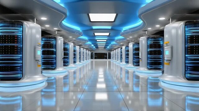 Data Center's Digital Realm: The image depicts a modern data center, radiating futuristic appeal with its high-tech servers and ambient blue lighting.
