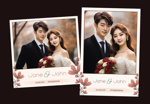 Wedding Photo Booth Template with Asian Bride and Groom Holding Flower Bouquet, Editable Social Media Frame for Custom Names and Hashtags.