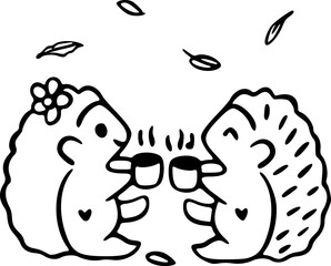Adorable Hand Drawn Cartoon cute Fall Hedgehog drinking Coffee  for Coloring Book, Autumn Vector illustration.