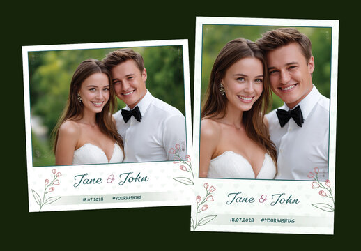 Wedding Photo Booth Template with Happy Couple, Editable Social Media Frame for Custom Names and Hashtags.