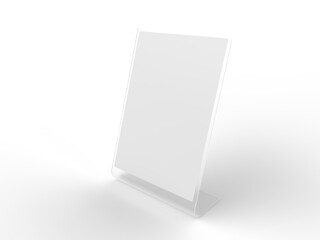 3D Realistic Acrylic Flyer Stand Mockup with white paper. Blank rectangular stand A4 paper display information for menu label, restaurant, cafe, price tag, banner, picture stand, sign holder, ads