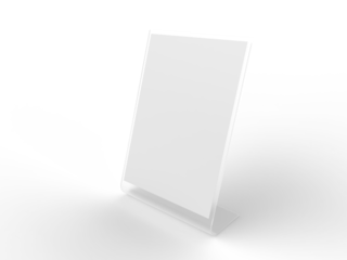 3D Realistic Acrylic Flyer Stand Mockup with white paper. Blank rectangular stand A4 paper display information for menu label, restaurant, cafe, price tag, banner, picture stand, sign holder, ads