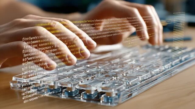 Digital Hands: Hands of a coder gracefully navigate a see-through keyboard, each keystroke weaving a symphony of digital language, a mesmerizing dance of creation, as code streams to life.