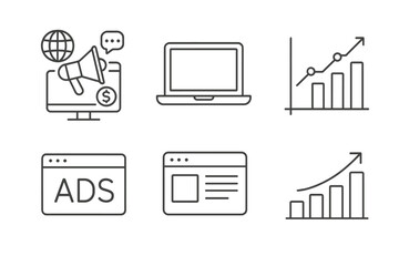 Digital marketing icons set featuring laptop, megaphone, ads, and graphs