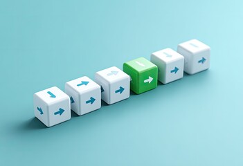 Several small white cubes, each with an arrow, are arranged in a line. One cube is a different, distinct green color