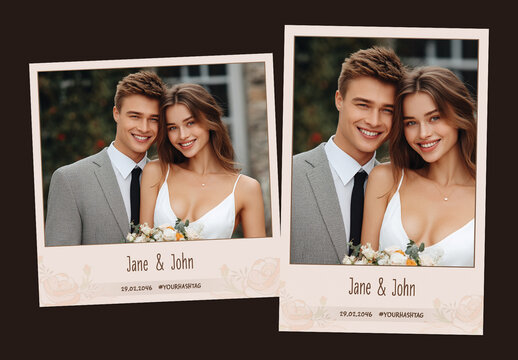 Wedding Photo Booth Template with Happy Couple Holding Flower Bouquet, Editable Social Media Frame for Custom Names and Hashtags.