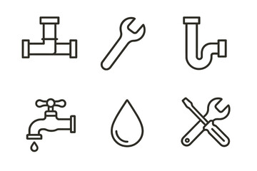 Fototapeta premium Plumbing icons set featuring pipe, wrench, droplet, faucet, tools