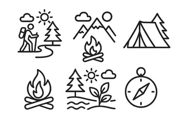 Outdoor adventure icons: hiking, camping, nature exploration, compass, campfire, mountains