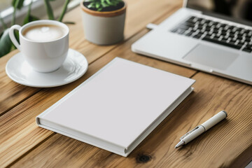 Minimal book mockup on wooden desk with soft shadows – top view