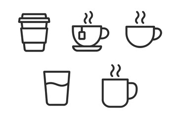 Simple line icons of coffee and tea cups with steam in black and white