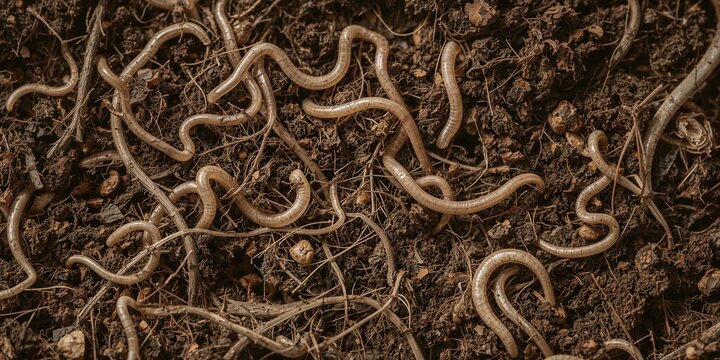 Close up shot of numerous slender white worms crawling on dark soil and thin roots in natural light