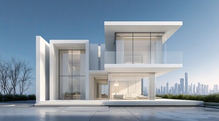 Modern, minimalist white house with expansive glass