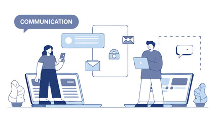 Illustration of people communicating with laptops and phones showing digital interaction and connection