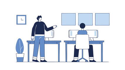 Fototapeta premium Illustration of two people in an office setting with desks computers and a plant on the left side