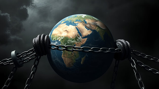 Planet Earth bound in chains representing global political control and oppression amid a stark environment