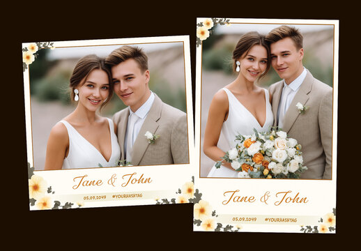 Wedding Photo Booth Template with Young Couple Holding Flower Bouquet, Editable Social Media Frame for Custom Names and Hashtags.