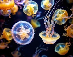 Obraz premium jellyfish bioluminescence serves multiple roles including attracting prey warning predators and aiding in mating displays throughout their life cycle.