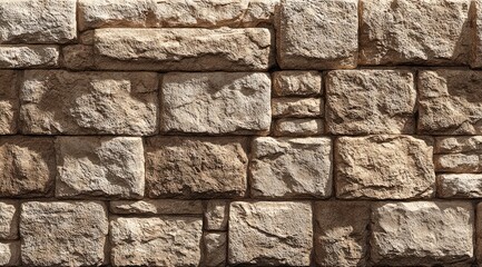 Close-up view of a stone wall, composed of rectangular blocks in light tan and beige tones.  Shadows fall between the blocks, highlighting texture.  Natural stonework