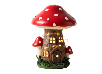 Whimsical mushroom house with glowing windows isolated on transparent background