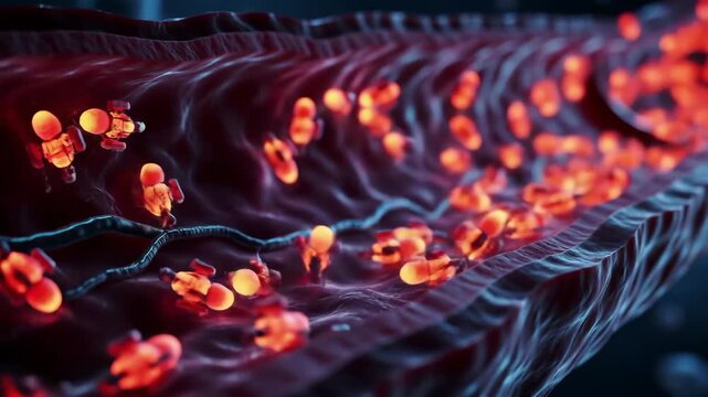 a swarm of nanobots repairing a damaged artery from inside, glowing red interior with microscopic precision