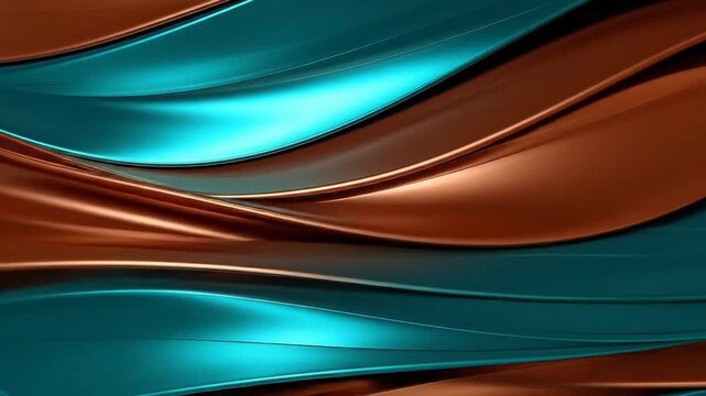 Abstract 3D rendering showcases flowing, metallic ribbons in copper and teal against a black backdrop, creating depth