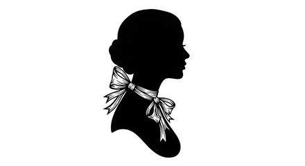 Classic black silhouette of a woman's profile with an elegant updo and an ornate ribbon bow choker.