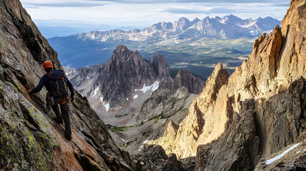 A rock climber ascends a steep mountain face, showcasing stunning mountain scenery in the background. Adventure and outdoor sport