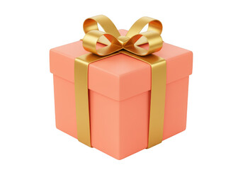 Obraz premium Coral gift box with gold ribbon and bow isolated on transparent background