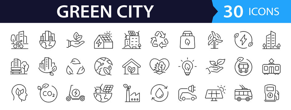 Green city Web Icon Set in Line Style. Collection of Green energy Linear Icons, Including renewable energy, autonomous building, air and water quality, zero waste, environmental. Editable Stroke
