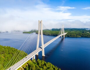 Obraz premium Aerial view of a cable-stayed bridge over a lake