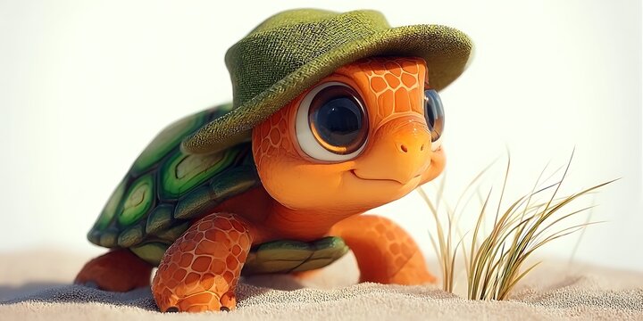 Adorable Cartoon Turtle with Green Hat on Sandy Ground with Grass and Colorful Shell Pattern in Whimsical Nature Scene