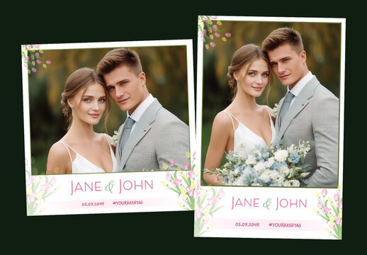 Wedding Photo Booth Template with Russian Couple Holding Flower Bouquet, Editable Social Media Frame for Custom Names and Hashtags.
