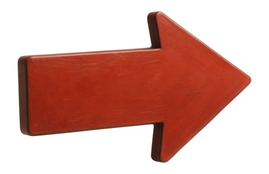 Red wooden directional arrow pointing right on transparent background.