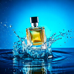 Luxury perfume bottle splashing in water with blue gradient background &ndash; fragrance concept